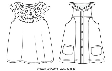 baby girls sleeveless dress technical drawing flat sketch vector illustration