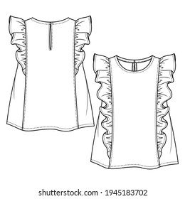 Baby Girls Sleeveless Top fashion flat sketch template. Girls Kids Technical Fashion Illustration. Front and back cut and sew with frill detail. Back Keyhole opening. 