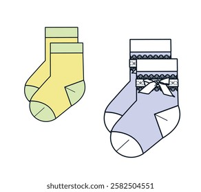 Baby girls socks with bow tie vector mockup template technical flat design