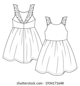 Baby Girls Summer dress flat sketch template. Infant Girls Technical Fashion Illustration. Back Zipper Opening. Frill Straps