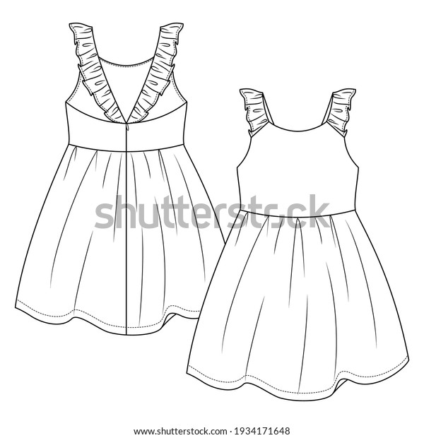Baby Girls Summer dress flat sketch template.\
Infant Girls Technical Fashion Illustration. Back Zipper Opening.\
Frill Straps