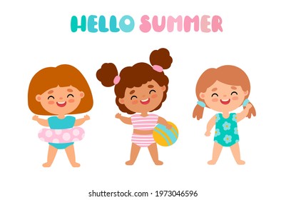 Baby girls in swimsuits with a ball and an inflatable circle for the beach. Hello summer
