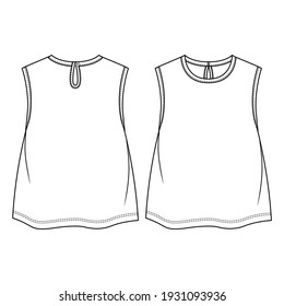 Baby Girls Tank top fashion flat sketch template. Girls Kids Technical Fashion Illustration. Back Keyhole opening. Binding at neck and Armholes