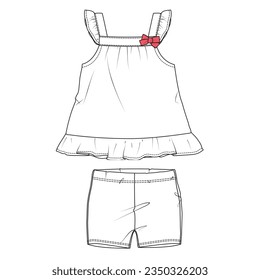 Baby girls tops blouse dress and shorts technical drawing fashion flat sketch vector illustration template 