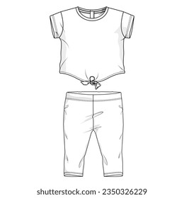 Baby girls tops blouse dress and pants technical drawing fashion flat sketch vector illustration template 