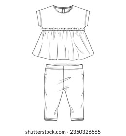 Baby girls tops blouse dress and pants technical drawing fashion flat sketch vector illustration template 