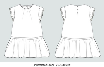 Baby girls Tops and Skirt dress design technical Flat sketch vector illustration template. Apparel clothing Mock up front and back views For Baby  kids.