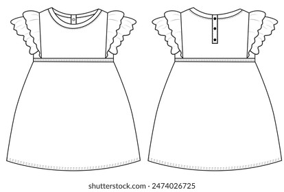  Baby Girls winglet sleeves dress fashion technical draw vector illustration template design