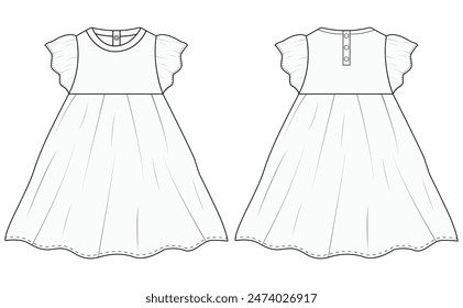  Baby Girls winglet mangas vestido diseño técnico de la Plantilla de la Ilustración vectorial del dibujo