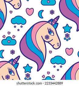 Baby girly pattern with magical pink unicorn on white cloudy background with stars, hearts, crescent moon. Seamless print with adorable pony horses for girly fabric, textile. Nursery wallpaper design.