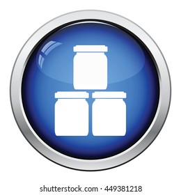 Baby glass jars icon. Glossy button design. Vector illustration.