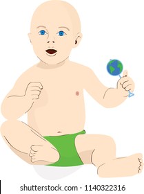 Baby with globe as rattle / new green generation concept (ecology)