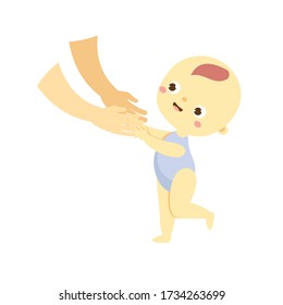 baby go to parent hands. toddler learn to walk. Newborn child, Little kid making first steps