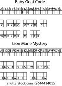 Código de Cabra de Bebê e Lion Mane Mystery Letter Grid Puzzles Códigos alfabéticos vetor