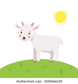 Baby goat standing on a green grass meadow. Cute vector illustration drawn in cartoon style