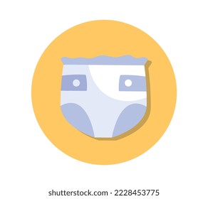 Baby goods icon. Round sticker with absorbent diaper or panties for newborn baby. Hygiene and caring for small child. Website design. Cartoon flat vector illustration isolated on white background