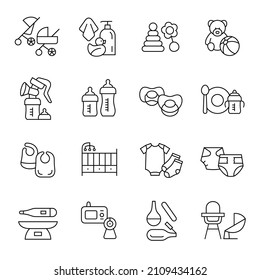 Baby goods, new baby shopping line icons