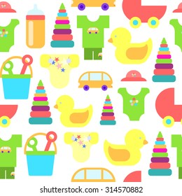 Baby goods. Pattern of baby goods icons. Children flat icons. Flat icons on child-related issues. Set of flat icons. With the new baby! Stock vector.