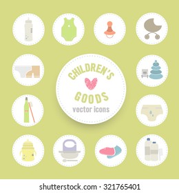 Baby goods. Pattern of baby goods icons. Children flat icons. Flat icons on child-related issues. Set of flat icons.