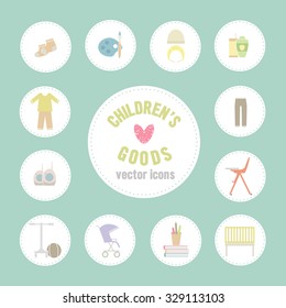 Baby goods. Pattern of baby goods icons. Children flat icons. Flat icons on child-related issues. Set of flat icons.