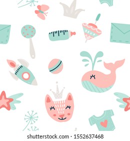 baby goods pattern. vector seamless pattern with toys and other baby goods for baby shower, textile, scrapbook, background