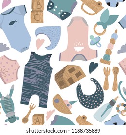 Baby goods seamless patterns, toys, clothing, bibs