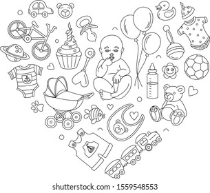 Baby goods store heart background pattern greeting card, print, invitation for baby shower party. Newborn girl boy products and toys. Vector illustration design thin line doodle style. Black and white