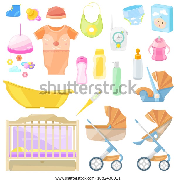 Baby goods vector icons and design elements\
set. Color kids stuff for feeding, nursery, bathing, walking.\
Children shop cartoon\
illustration.