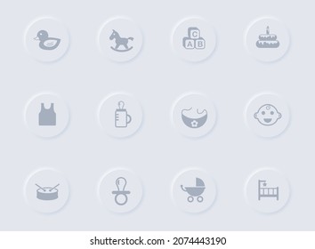 baby gray vector icons on round rubber buttons. baby icon set for web, mobile apps, ui design and promo business polygraphy