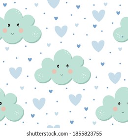 Baby green and blue cloud seamless pattern. Children vector illustration. Digital paper for kids. Heart theme.