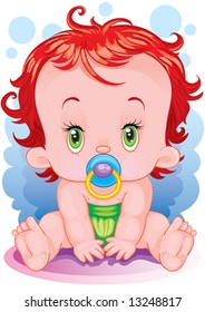 baby with green eyes, curly and with a blue pacifier sits in surprise, isolated object on a white background, vector illustration, eps