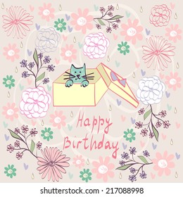 Baby greeting card with cat and flowers.