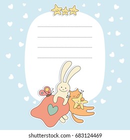  Baby greeting card - cute bunny, kitten and star. Baby shower card. Vector illustration.