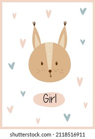 Baby greeting card with cute head squirrel and colorful hearts in frame. Vector illustration with text on a white background in cartoon style for card, print, sticker