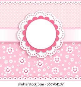 baby greeting card with a round lace on a pink background with abstract flowers and  polka dots, vector illustration