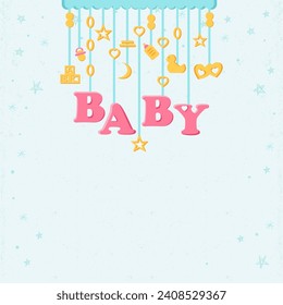 Baby greeting card template on blue background. Baby shower greeting card cartoon vector illustration