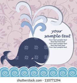 Baby greeting postcard with a dark blue whale