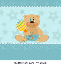 Baby greetings card with sitting teddy bear with beanbag (EPS10)