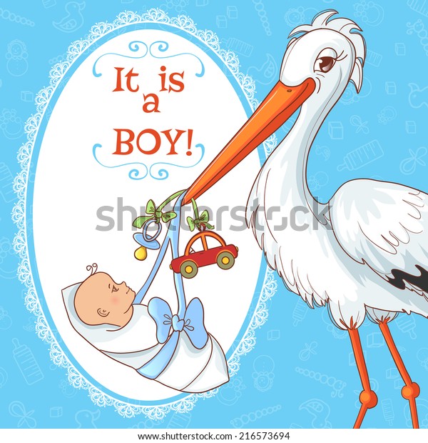 Baby greetings card with stork and pacifier for\
boy, eps10