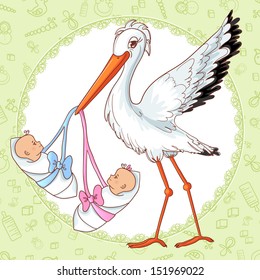 Baby greetings card with stork and twins