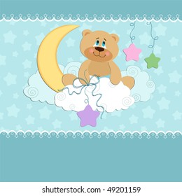 Baby greetings card with teddy bear on the moon (EPS10)