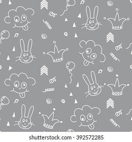 Baby grey and white doodle pattern seamless design. Nursery child drawing background for bed linen and apparel. Smileys and bunny.