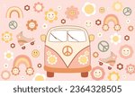 Baby groovy background with retro vintage car, minivan, roller skates, smiling flowers, daisy, rainbow, peace symbol. Vector design, 70s cute wallpaper for kids in pastel pink color.