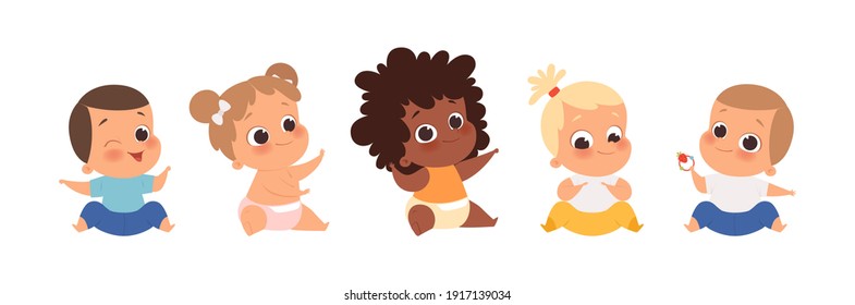 Baby group, multiethnic babies sitting. Isolated cartoon cute toddlers vector set