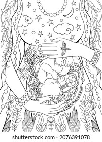 Baby growing in mother womb during pregnancy, the beauty of maternity. Anti-stress adult coloring book page.