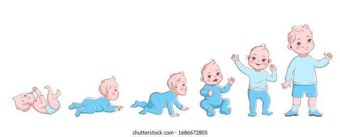 Baby Growth Process. Life Cycle Stages Development, Child From Newborn To Preschool. Boy Crawling, Sitting And Going, Vector Cartoon First Year Characters