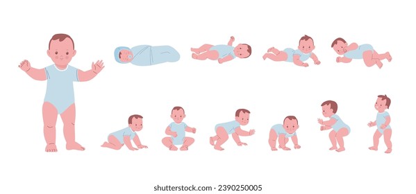 Baby growth process. Male toddler development step by step. Cartoon nursery character, newborn in first life year. Cute kid kicky vector scene