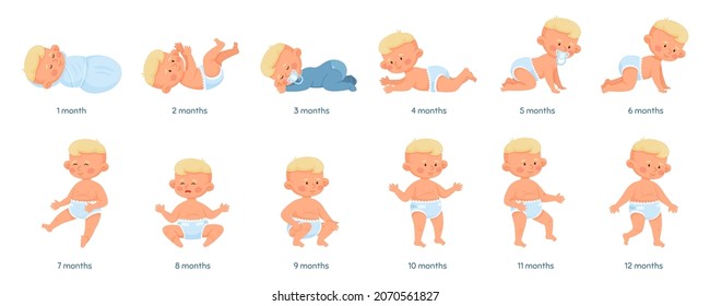 Baby growth stages, development process from newborn to toddler. Baby milestones timeline sitting, crawling, standing, walking vector illustration. Cheerful active infant in various poses