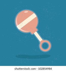 Baby grunge and grained old retro background, cartoon rattle toy with shadow, vector illustration