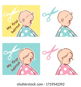 Baby haircut stickers set. First haircut of boy or girl. Child sitting in hairdresser's chair. One year child's milestone.Toddler, scissors,  polka dot cape. Color vector illustration.